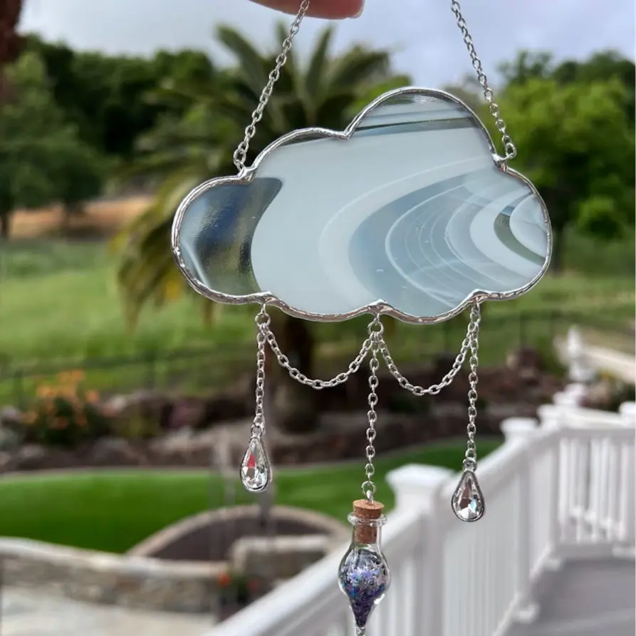 Stained Glass Wispy White Cloud Suncatcher with Raindrop Gems! Handmade Stained Glass Hanging Art Decoration to enchant your home!