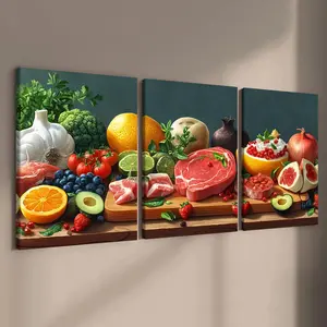 Food Pattern Canvas Painting Framed, 3 Counts/set Wooden Framed Fresh Fruit Food Pattern Wall Art, Wall Decor for Home Living Room Bedroom Dining Room