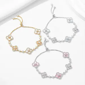 New Bracelet Shiny Natural Color Mother-of-Pearl Hollow Lucky Four-Leaf Clover Pull Charm Women's Niche Light Luxury Jewelry