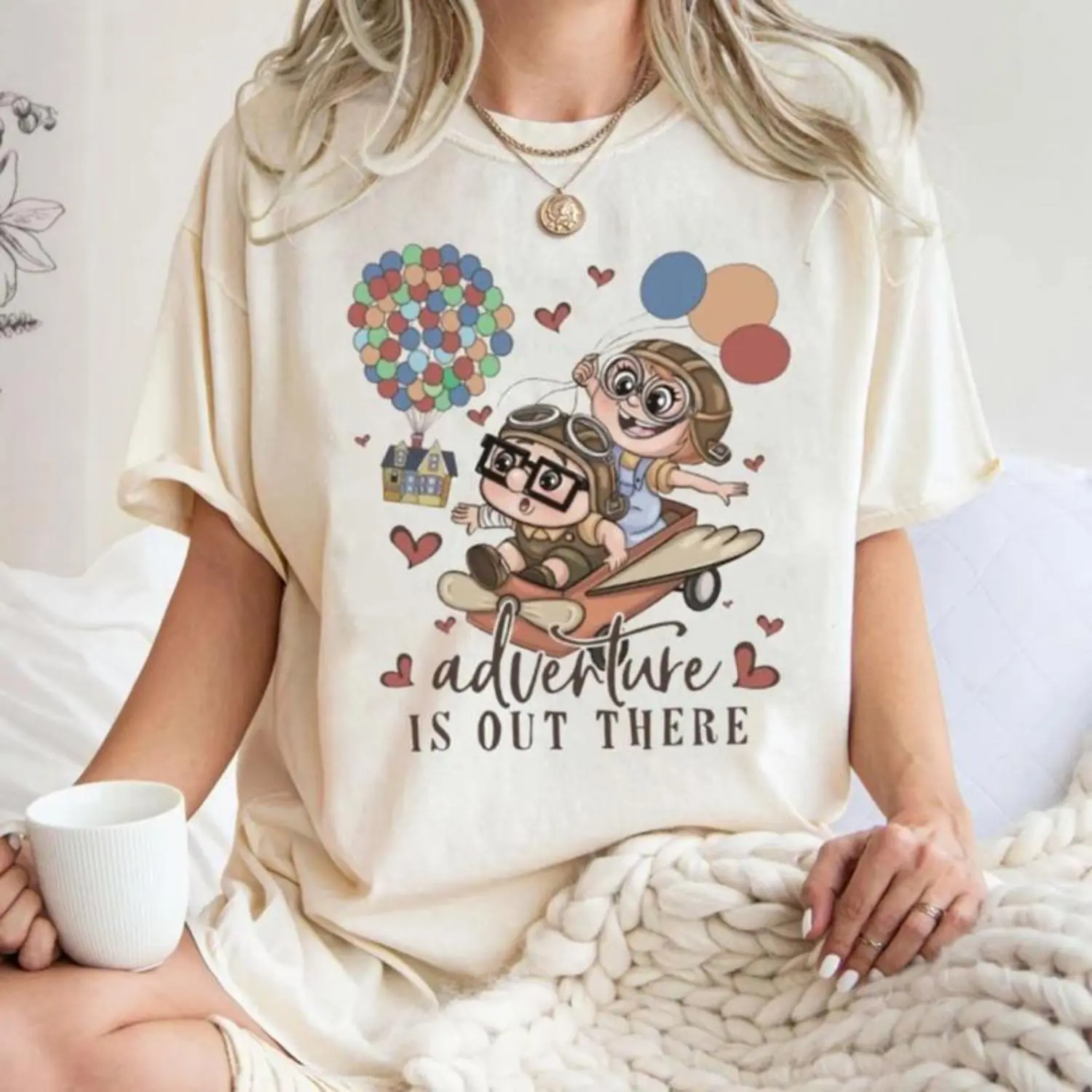 Explore the Outdoors with Our Adventure Inspired T-Shirt Featuring Up Balloon and Iconic Characters
