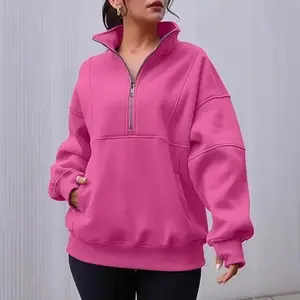 Women's half zip sweatshirt with wool stand up collar, long sleeved, thumb hole oversized pullover, pockets, s-3XL hooded top