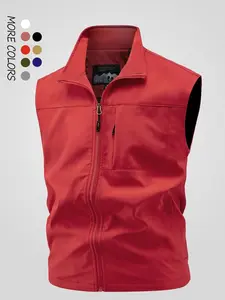 Men's Solid Color Vest Jacket, Stand Collar Multi-Pocket Sleeveless Coat, Windproof Waterproof Casual Sports Vest, Regular Fit Outdoor Fishing Vest, All-Season Men's Outerwear, Menswear