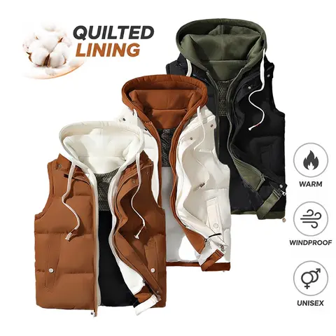 Autumn/Winter unisex hooded insulated vest jacket with a fashionable two-piece design and thick lining; winter warm outerwear for outdoor casual wear; thickened version; couples’ style; unisex top/jacket suitable for both men and women.