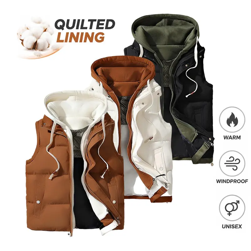 Autumn/Winter unisex hooded insulated vest jacket with a fashionable two-piece design and thick lining; winter warm outerwear for outdoor casual wear; thickened version; couples’ style; unisex top/jacket suitable for both men and women.