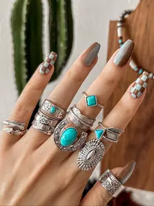Boho Style Silver Color Arrow Feather Horse Ring Set, Vintage Punk Design, Turquoise Inlay, Unisex Western Jewelry, 9 Piece Set