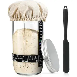 Sourdough Bread Baking Supplies,24 oz Sourdough Starter Jar Glass, Sourdough Starter Kit with Date Marked Feeding Band, Thermometer, Silicone Scraper, Sewn Cloth Cover & Aluminum Lid, Sourdough Jar