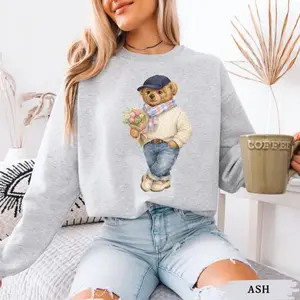 Preppy Easter Teddy Bear Sweatshirt, Spring Floral Gingham Long Sleeve Crewneck Sweater, Trendy Plaid Tulip Flower Lover Gift
