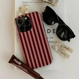 Burgundy Pink Stripe Glossy Slim Tough Phone Case, Shockproof Drop Protection for iPhone 11 12 13 14 15 16 17 Pro Max Plus