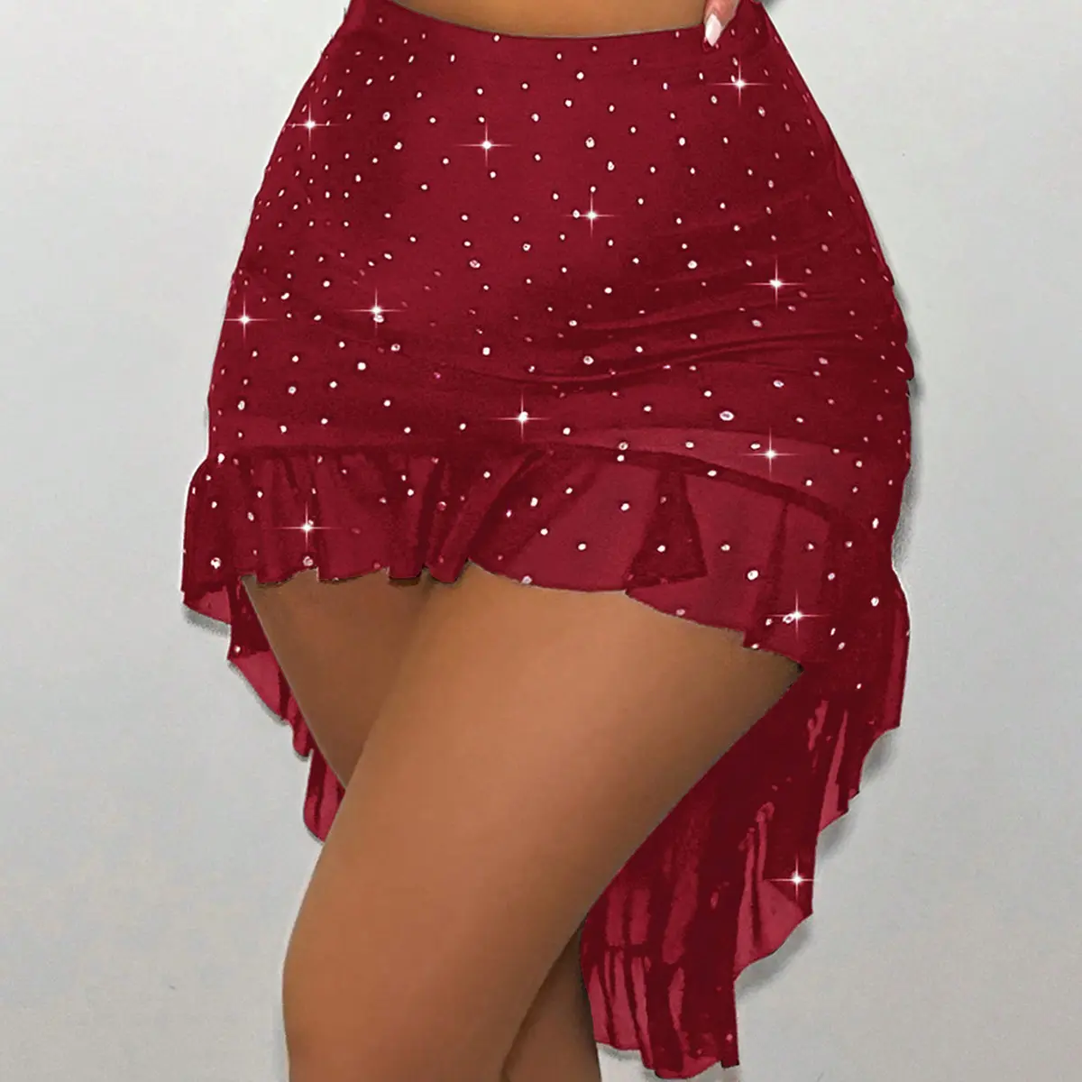 1pc Sexy & Chic Party Wear - Elegant Polyester Skater Skirt with Contrast Sequin Detail - Solid Color High-Waisted Knit Fabric - Asymmetrical Hem - Skinny Fit - Short Length for Spring/Summer/Fall