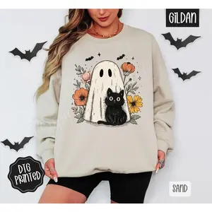 Ghost & Cat Sweatshirt, Trendy Women's Halloween Crewneck