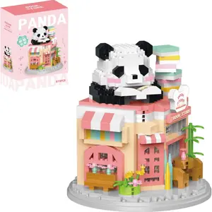 872pcs Mini Panda Street Scene Building Blocks Set, Creative DIY Assembly Toy, Panda Bookstore & Convenience Store, Kids Toys Gift