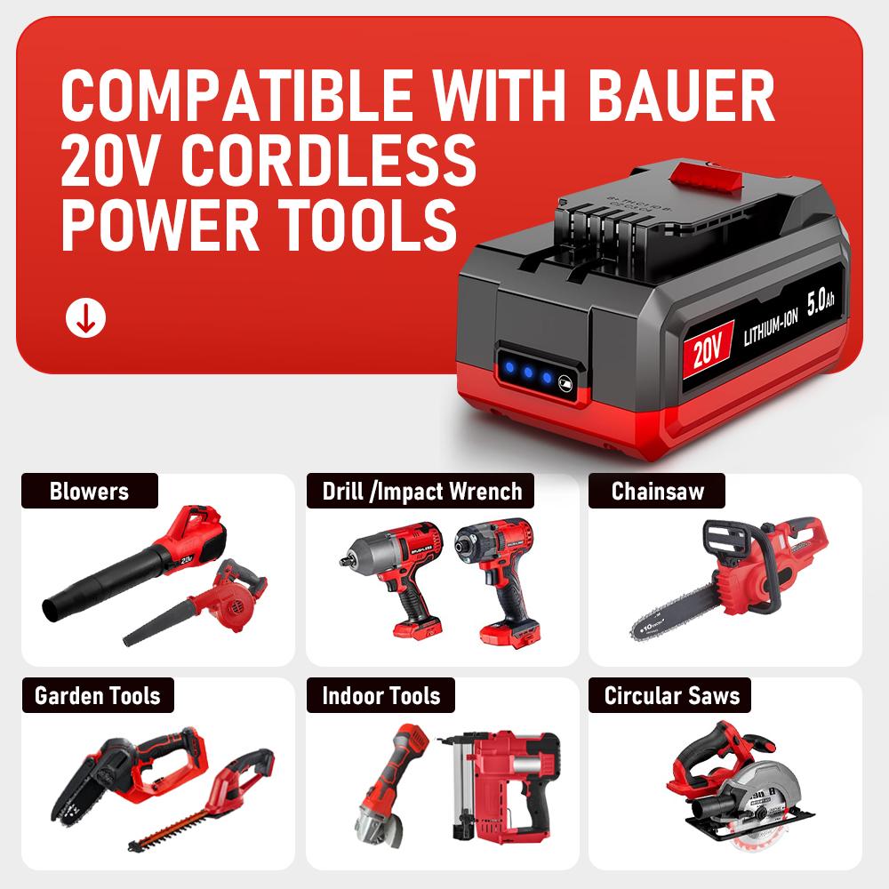 20V 5.0Ah High-Capacity Lithium-Ion Replacement Battery for Bauer Cordless Power Tools, Compatible with Models 1701C-B, 1702C-B, 1907C-B, 2108C-B, 2109C-B 20V 5.0Ah High-Capacity Lithium-Ion Replacement Battery for Bauer Cordless Power Tools, Compatible with Models 1701C-B, 1702C-B, 1907C-B, 2108C-B, 2109C-B