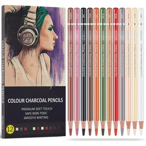 Professional Colored Charcoal Pencils Drawing Set,  Tone Colored Pencil, Pastel Chalk Pencils for Sketching, Shading, Coloring, Layering & Blending, 12 Colors