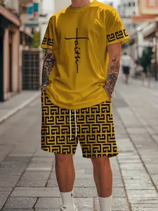 Men's Casual Summer Set, Breathable Short Sleeve T-Shirt & Knee-Length Shorts, Fitted Print Design, Comfortable Wear