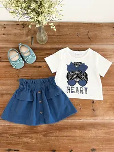 Girls' Short Sleeve Skirt Set, Cartoon Girl Print & Letter Design, Summer for Daily Wear & Outdoor Play