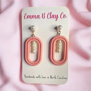 Emma B Clay Co. Pink Oval Polymer Clay Earrings with Pearl Dangle – Handmade Blush Statement Earrings, Romantic Jewelry Gift for Her
