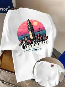 Summer New Casablanca City Print T-Shirt Men Loose Travel Style Short Sleeve, Vintage Urban Illustration, Casual Fitted Top, Streetwear