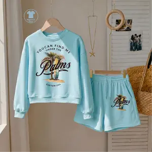 Women’s “Find Me Under the Palms” Graphic Sweatshirt and Drawstring Shorts Set, Casual 2-Piece Outfit, Long Sleeve Pullover Top and Matching Shorts Set, Cute Comfortable Loungewear for Daily Wear, Travel, Vacation and Spring Fall Fashion
