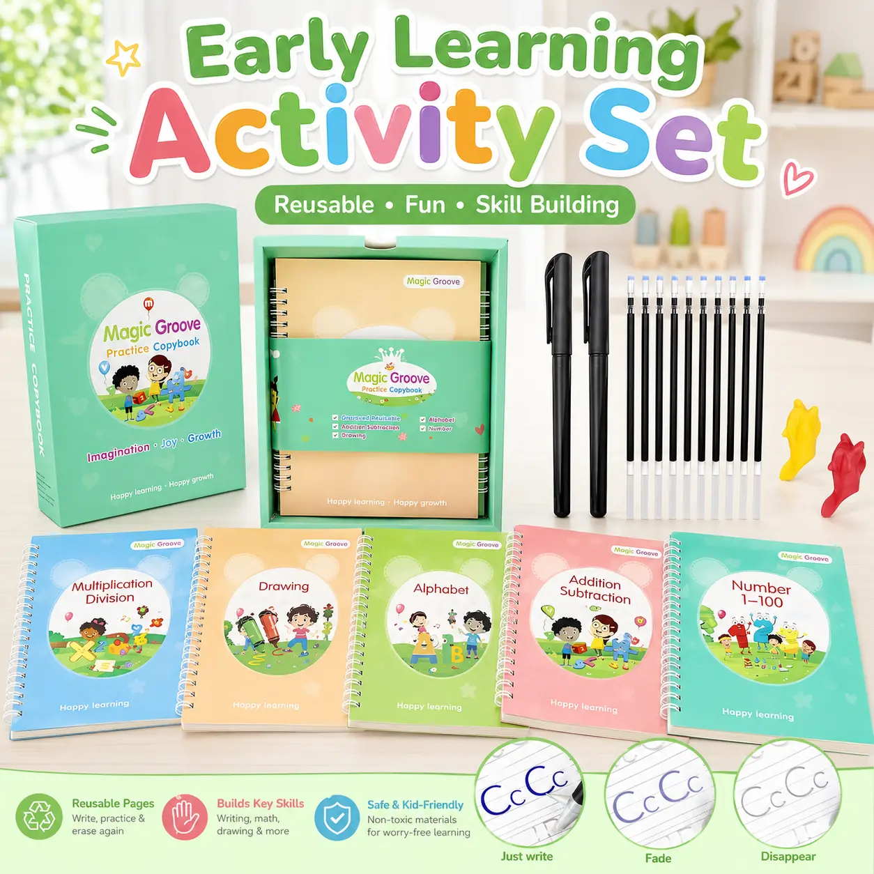 Kids Learning Workbook Set with Magic Reusable Writing Books, Educational Tracing Activity Books with Disappearing Ink Pens, Fine Motor Skill Practice for Preschool Kindergarten Homeschool Learning Ages 3-8