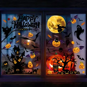 A set of nine (20*30cm*9pcs) new hand-painted Halloween element silhouette glass stickers featuring pumpkins, bats, and castles, for decorating backgrounds and festival windows (C19001-NC)