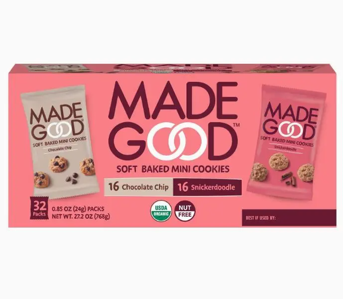 MadeGood Soft Baked Mini Cookies - 32 Individually Packaged Mixed Flavor Packs (16 Chocolate Chip, 16 Snickerdoodle) - Vegan, Gluten-Free, USDA Organic, Nut-Free, Non-GMO, Allergy-Friendly Snacks, Chocolate Chip Cookies, Individually Packaged Cookies