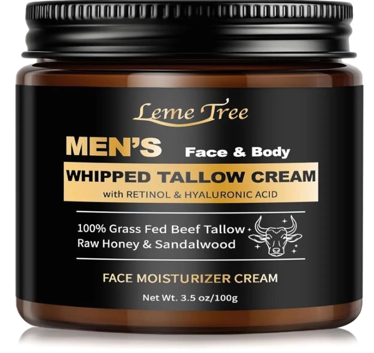 Men's Beef Tallow for Skin, Whipped Grass-Fed Beef Tallow Face Cream, Tallow Balm with Anti-Aging Retinol & Hyaluronic Acid, Mens Skin Care Face Moisturizer, Reduces Wrinkles Lines, Sandalwood, 3.5 OZ