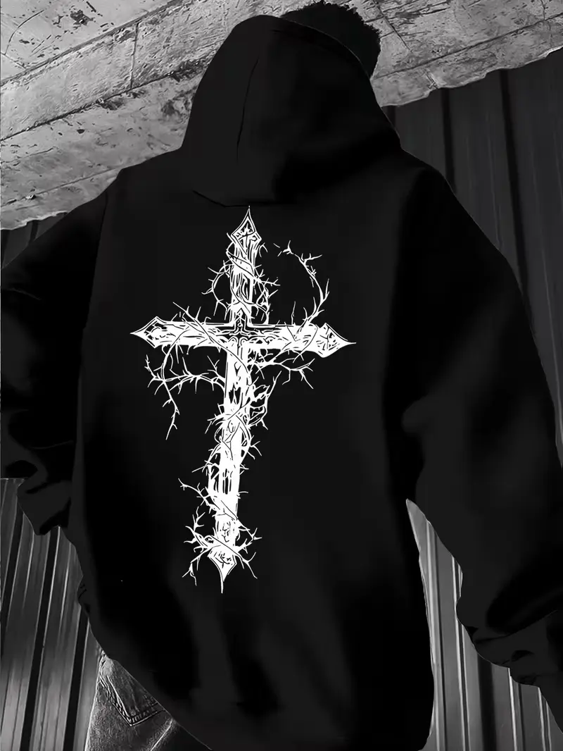 Thorn Wrapped Cross Back Print Fleece Pullover Hoodie, Gothic Dark Streetwear Long Sleeve Sweatshirt For All Seasons