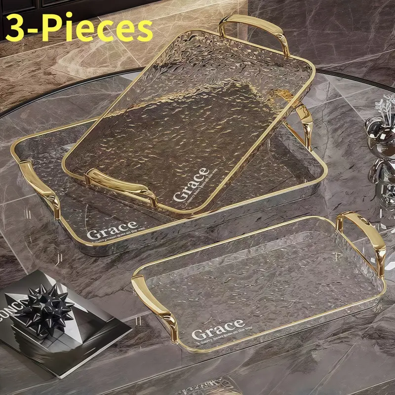 3 Piece Transparent Gold Rim Rectangular Tray Set Large Medium Small Size with Handles PTE Material for Fruit Dessert Pastry Party Festival Dining E52 Dessert Serving Trays