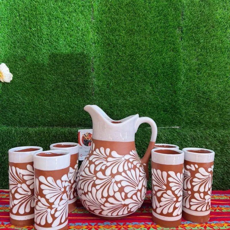 Relieve Pitcher Color Terracota Blanco Set Glass.
