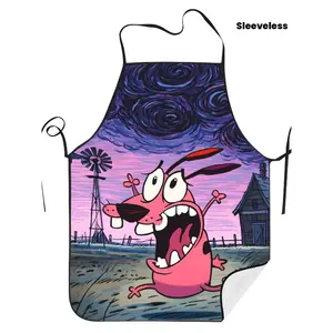 Courageous Comic Dog Pattern Printed Adult Sleeveless Dirt Resistant Apron, Household Cooking Kitchen Apparel, 1-Piece Set