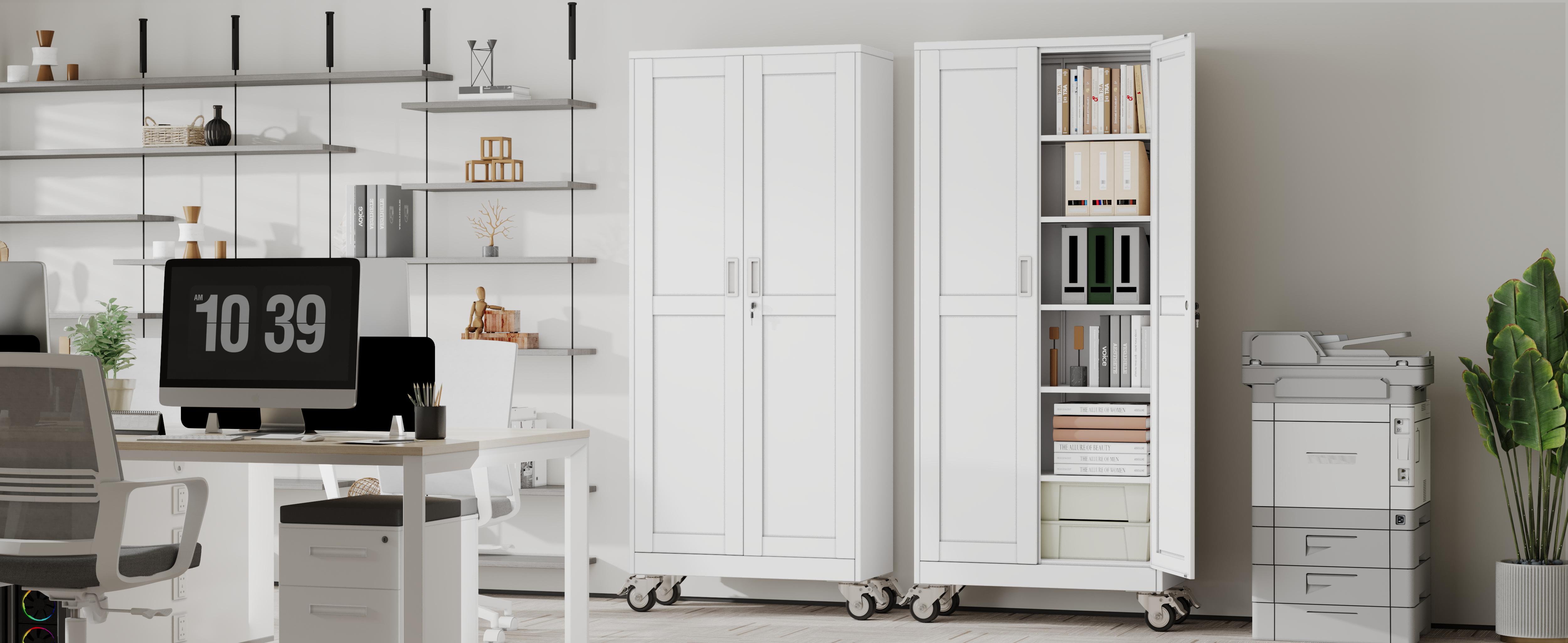 Heavy-Duty Metal Storage Cabinet with Wheels, 2-Door Steel File Cabinet with 5 Adjustable Shelves for Garage, Home Office & Warehouse