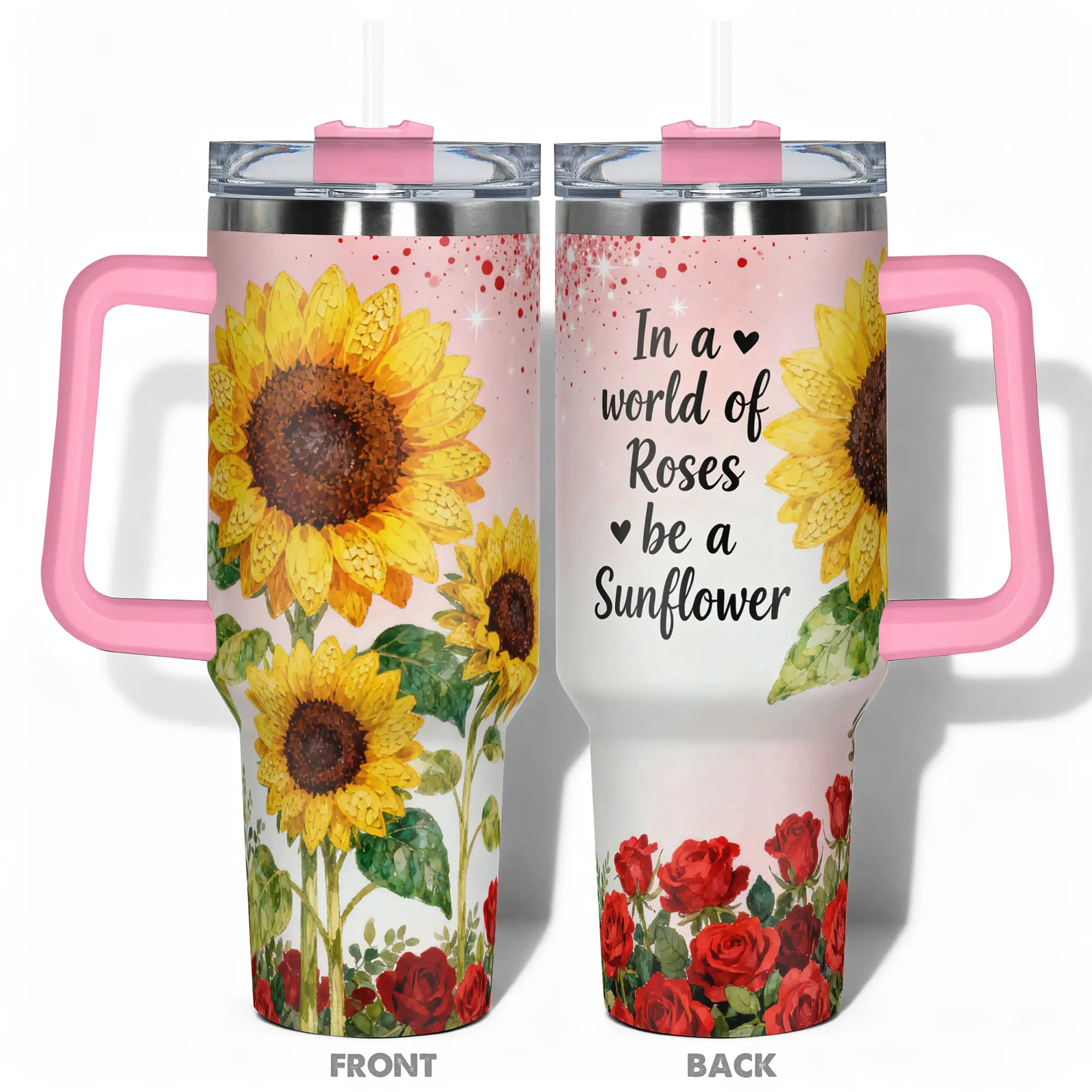 1pc Stainless Steel Cup 40oz/30oz/22oz/20oz/14oz Water Bottle,Funny Design With Sunflower and Roses Double-layer insulation Leakproof Vacuum Flask Large Capacity, Needed for Gym, Hiking, Travel Ideal Birthday Christmas Gift