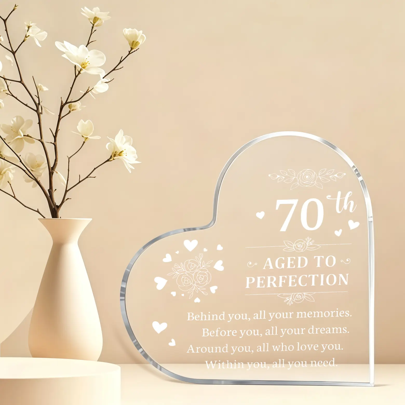 70th Birthday Engraved Rose Flower Heart Acrylic Plaque - Engraved Text Colored Desktop Decoration Sign, Adult Home Decor, Dresser Tabletop Display, Thoughtful Gift for Men & Women (Christmas, Anniversary)