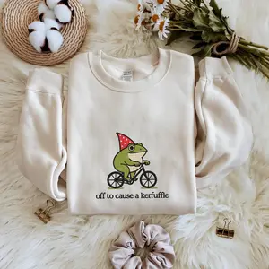Embroidered Off To Cause A Kerfuffle Frog Sweatshirt, Funny Weirdcore Sayings Tshirt, Adults Men Women Meme Tee, Sarcastic Hoodie Frog Lover