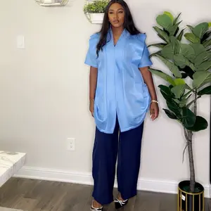 Ella Two-Piece Set - Blue Elegant Scuba Net Top & Crepe Pants Matching Sky Blue Color Smooth Texture Comfortable Suits for Versatile Styling Options