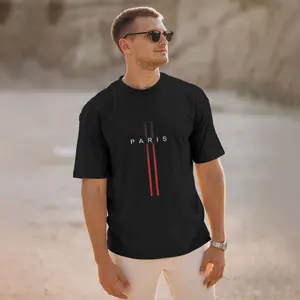 Menswear Oversized Soft Round Neck Short-Sleeve Cotton T-Shirt - Paris Letter Print, Minimalist Casual, Family-Focused Men's Top