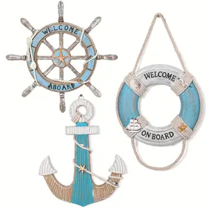 Set Of 3 Nautical Beach-Themed Decor - 13.4'' Wooden Ship Steering Wheel, 9.25'' Ship Ring, And 12.2'' Wooden Anchor with Rope - Blue & White Coastal Home Decoration Hanging Hangable Ornaments