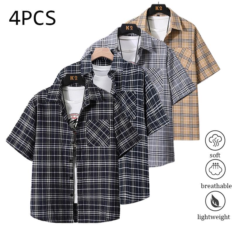 Pack of 4 men’s striped Western button-up shirts; plaid shirt with a notched collar,  cotton dress shirt fabric; regular fit;men’s tops ideal for summer beach trips, outings, and everyday outdoor activities. Polo Shirt Men's Quick-Dry Set Lightweight
