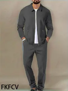 Men's Sporty Two-Piece Set, Casual Sweatsuits, Waffle Zipper Cardigan Jacket & Straight Leg Pants, Adjustable Waist Cord, Casual Spring & Fall