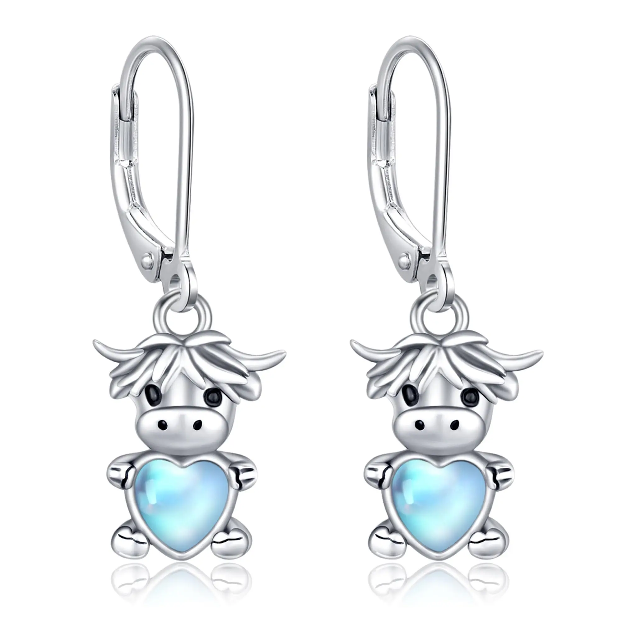 DRINSPER Fashion Dangle Earrings, 925 Sterling Silver Highland Cow Heart Jewelry with Moonstone, Hypoallergenic Birthday Gift for Girls, Earrings Hypoallergenic