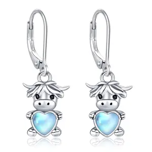 DRINSPER 925 Sterling Silver Highland Cow Earrings with Moonstone, Birthday Gift Valentine's Day Gift for Girls