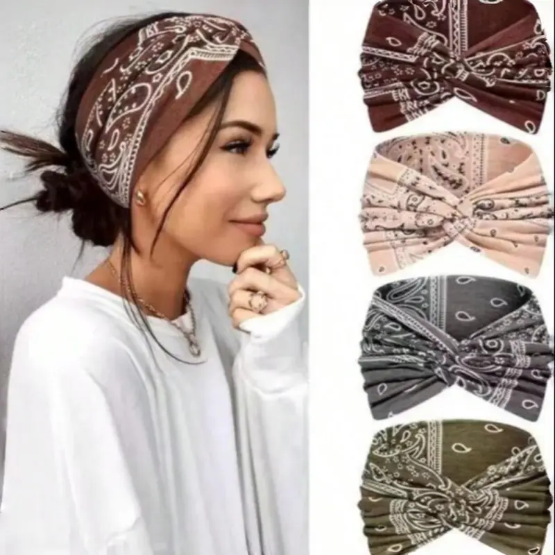 Women's Hairbands 4 Pack, Wide Elastic Boho Tie-Dye Knotted Headbands, Vintage Style Stretchy Headbands for Sports, Yoga, Makeup and Spa, Fashion Accessories