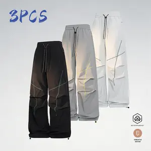 Men’s 3-Pack American Street Style Contrast-Trim Cargo Paratrooper Pants, Quick-Dry Loose Wide-Leg Drawstring Casual Pants for Summer