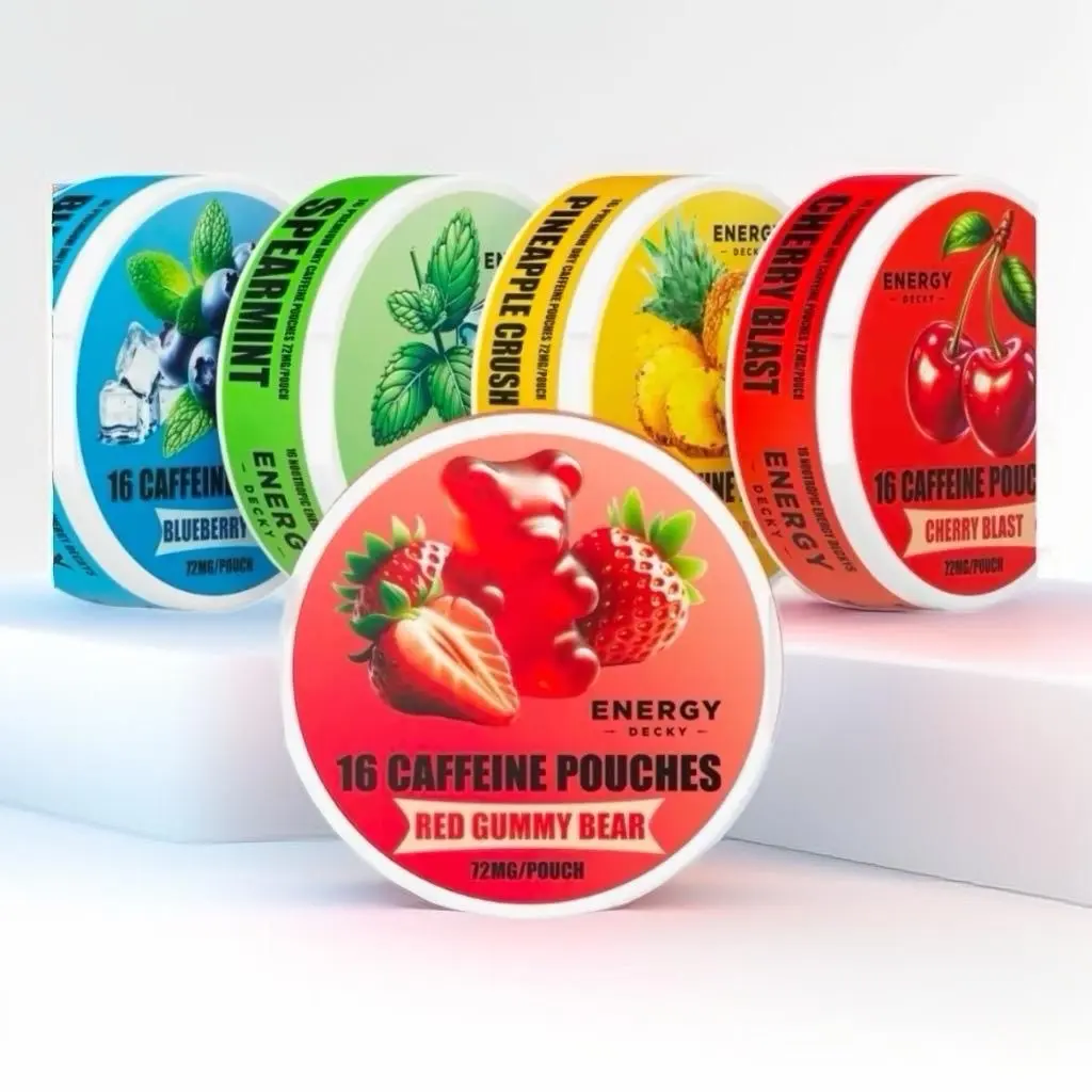 Sugar-Free, Gluten-Free Energy Nootropic Caffeine Pouches - Energy Booster, Drink Alternative, 5 Flavor Pack (16 Pouches Each, 72 mg Caffeine Each): Cherry Blast, Pineapple Crash, Blueberry Ice, Red Gummy Bear, Spearmint
