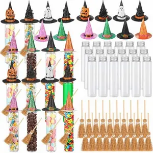 16 Set Halloween Candy Tubes Trick or Treat 4 oz Clear Plastic Test Tubes with Screw Caps Witch Hats and Brooms Gumball Containers Candy Holder for Halloween Party Favors DIY Gift Prizes