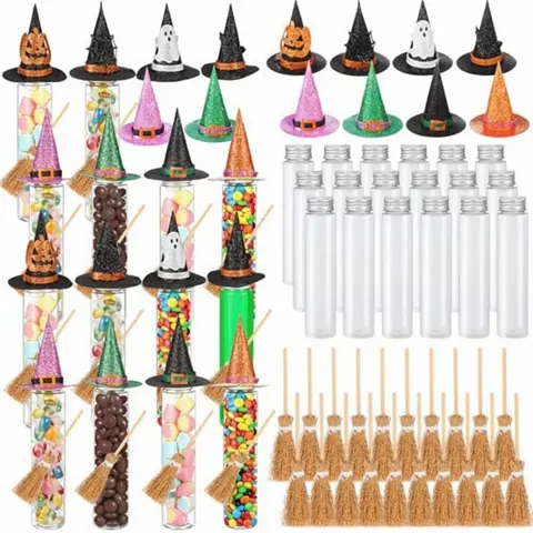 16 Set Halloween Candy Tubes Trick or Treat 4 oz Clear Plastic Test Tubes with Screw Caps Witch Hats and Brooms Gumball Containers Candy Holder for Halloween Class Party Candy Favors Classroom DIY Gift Adult Halloween Drinks Gift