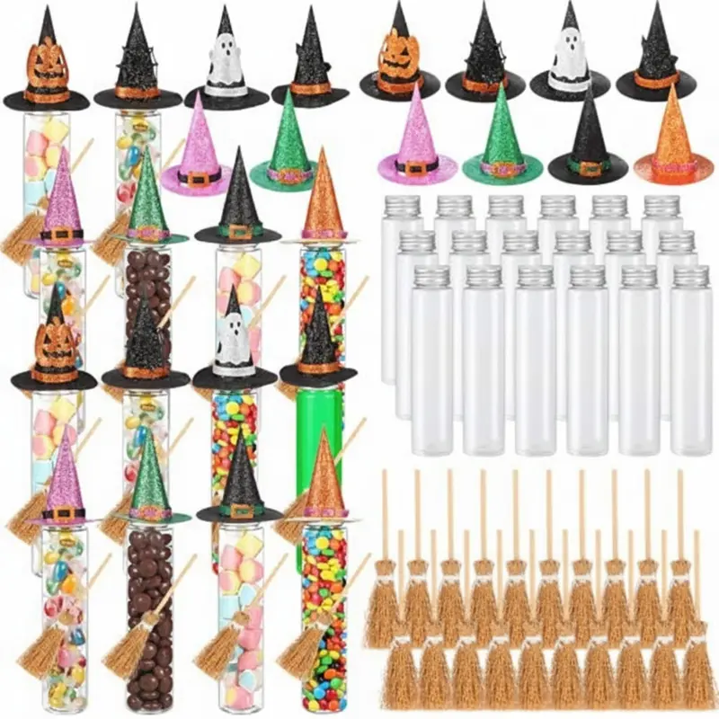 16 Set Halloween Candy Tubes Trick or Treat 4 oz Clear Plastic Test Tubes with Screw Caps Witch Hats and Brooms Gumball Containers Candy Holder for Halloween Class Party Candy Favors Classroom DIY Gift Adult Halloween Drinks Gift