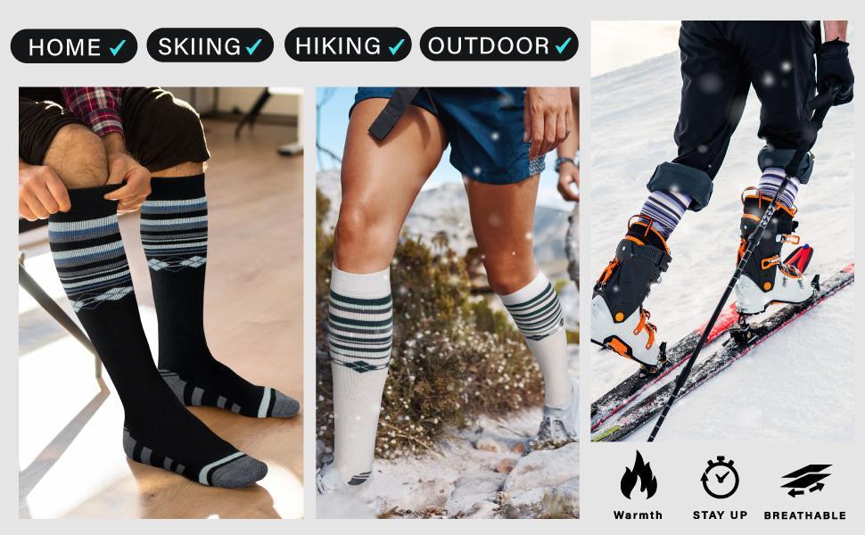 No More Cold Feet! 2 Pair Thermal Ski Socks for Men & Women, Wool Blend Knee High Design