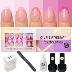 ELLIE YOUNG Pro-Tips Extra Short Oval Pink Pastel French Tips, 160pc Press-On Nails Kit – 16 Sizes, Matte Gel Acrylic Look, Soft Gel DIY Extensions