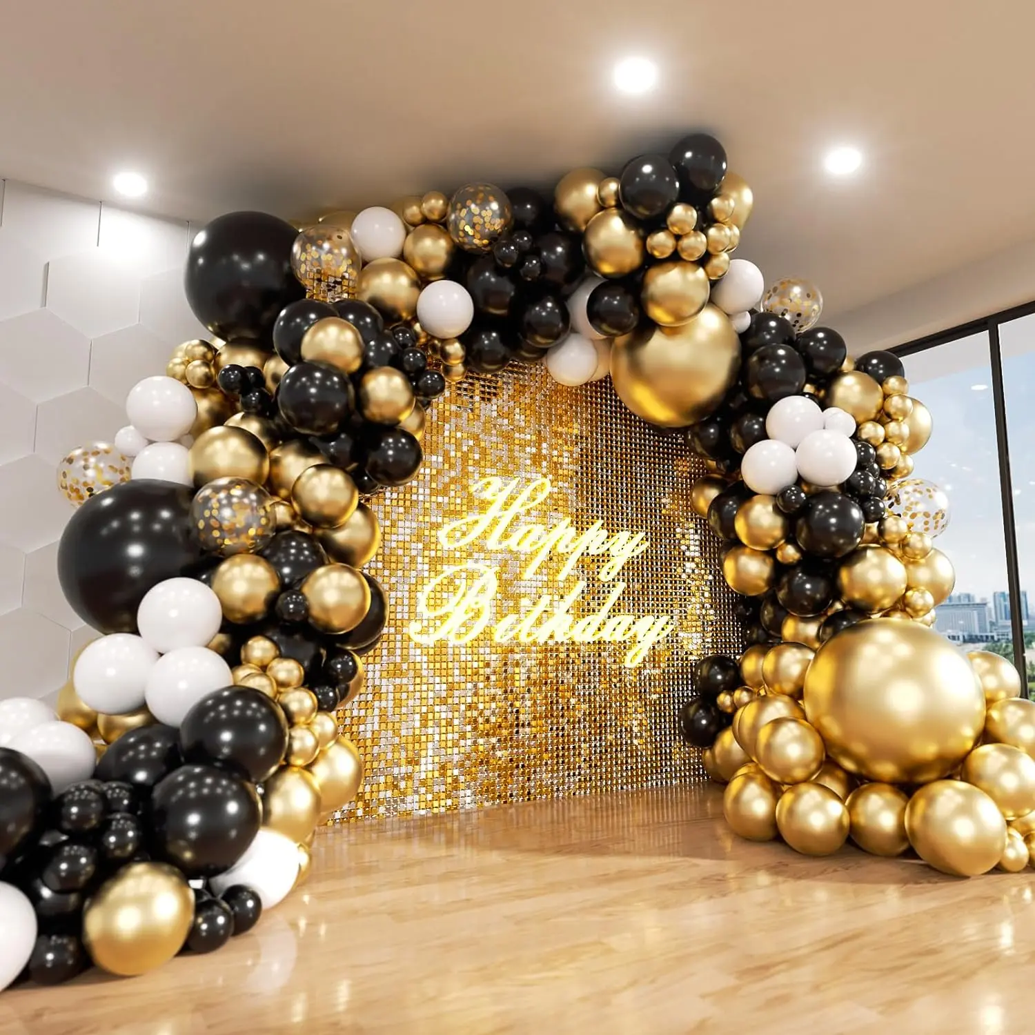 Black and  Balloon Arch Kit,  140 count Black White Metallic  Confetti Latex Balloons 18 12 10 5 Inch Different Size Balloons for Birthday Anniversary Graduation Wedding Party Decorations
